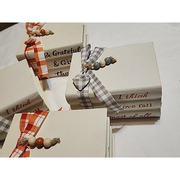 Set of 4 Stacked Faux Book Farmhouse Fall Decor Ribbon Wrapped Beads 5.75x4x3" - Picture 3 of 7